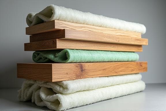 Stack of sustainable building materials like reclaimed wood and eco-friendly insulation.