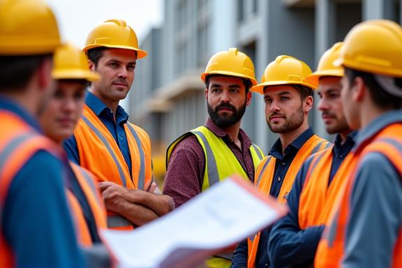 Construction team in a safety briefing wearing hard hats and high-vis vests.