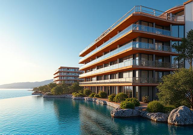 Modern apartment complex with balconies overlooking the bay